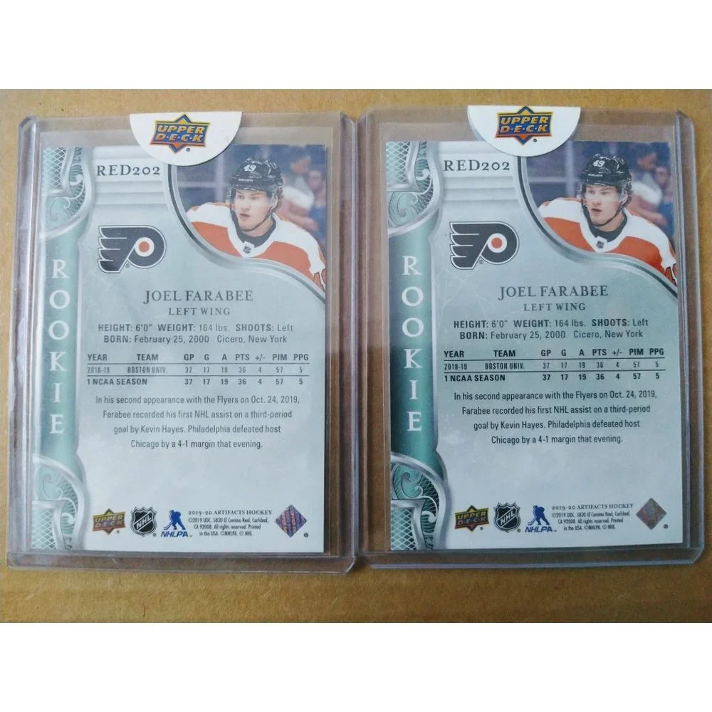 Lot Of (2) 2019-20 Artifacts RED202 Joel Farabee RC /999 Philadelphia Flyers